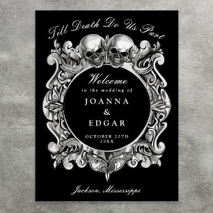 Póster Cartel de bienvenida de boda gótica de cráneos en