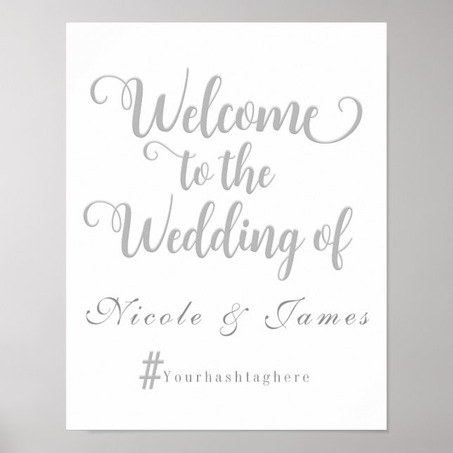 Póster Cartel de bienvenida de boda gris y blanco con has (Frente)