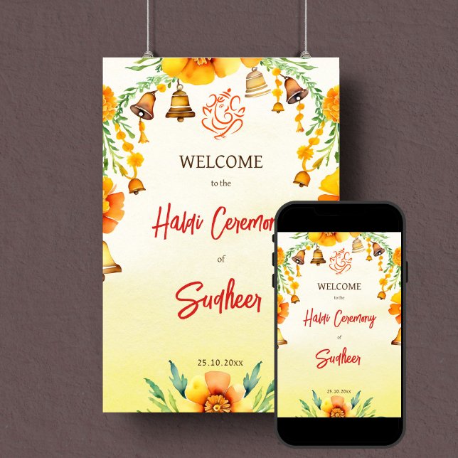 Póster Cartel de bienvenida de boda indio de Haldi marigo (Haldi Indinian wedding welcome sign template instant digital download yellow flowers bells garlands)