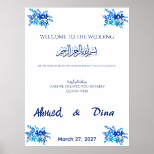 Póster Cartel de bienvenida de boda islámica azul real ac