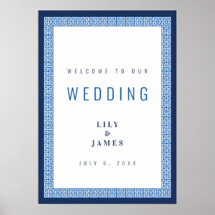 Póster Cartel de bienvenida de boda Mediterráneo Azul con