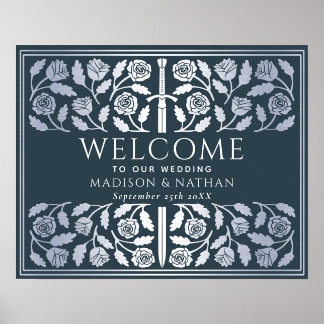 Póster Cartel de bienvenida de boda real con espada de pl (Frente)