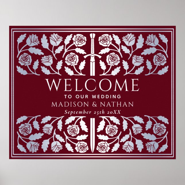 Póster Cartel de bienvenida de boda real con espada de pl (Frente)