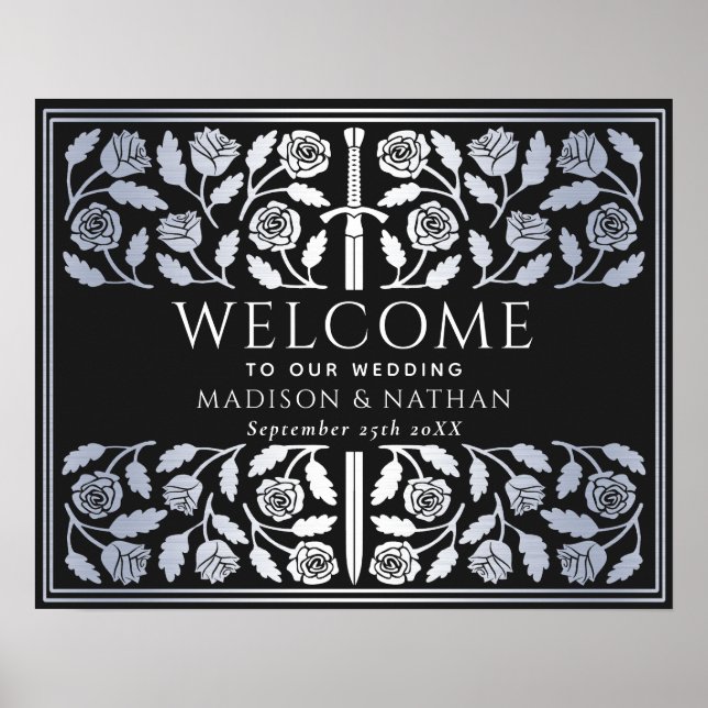 Póster Cartel de bienvenida de boda real con espada de pl (Frente)