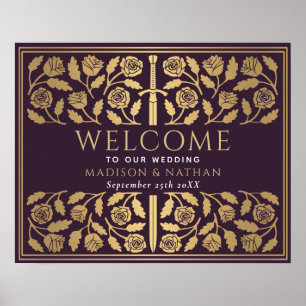 Póster Cartel de bienvenida de boda real Espada de oro de