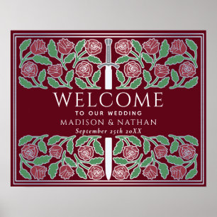 Póster Cartel de bienvenida de boda real floral espada de