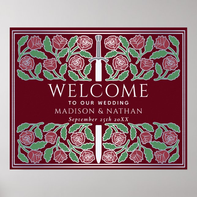 Póster Cartel de bienvenida de boda real floral espada de (Frente)