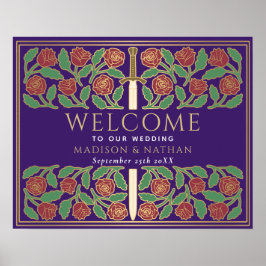 Póster Cartel de bienvenida de boda real floral oro púrpu