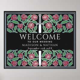 Póster Cartel de bienvenida de boda real floral plata neg