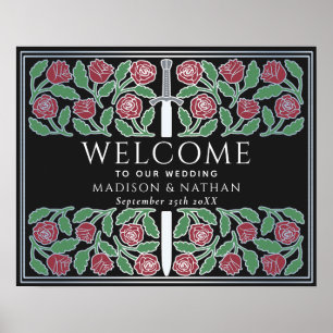Póster Cartel de bienvenida de boda real floral plata neg