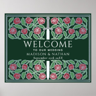 Póster Cartel de bienvenida de boda real floral plateado