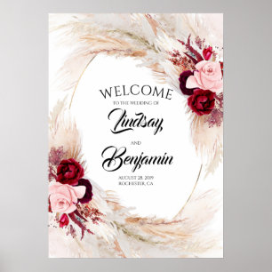 Póster Cartel de bienvenida de Boda rojo pampas Grass Bur