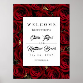 Póster Cartel de bienvenida de boda Rosas Dorado Oscuro B