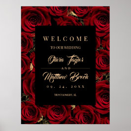 Póster Cartel de bienvenida de boda Rosas Dorado Oscuro B