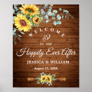 Póster Cartel de bienvenida de boda rústica con girasoles