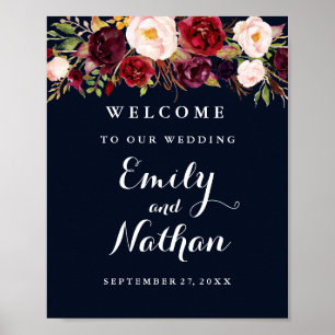 Póster Cartel de bienvenida de boda rústico burgundy navy