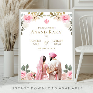 Póster Cartel de bienvenida de boda Sikh Anand Karaj flor