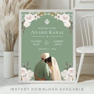Póster Cartel de bienvenida de boda Sikh Ivory Floral Ana
