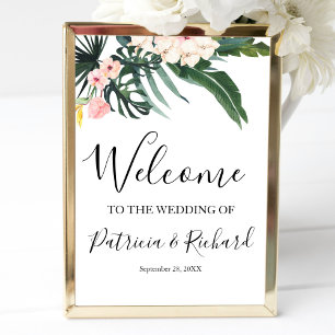 Póster Cartel de bienvenida de boda tropical floral