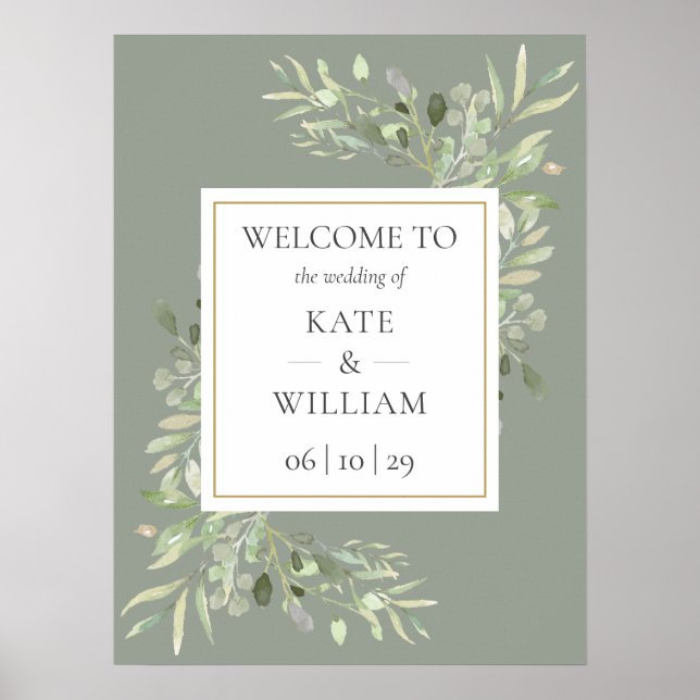 Póster Cartel de bienvenida de boda verde botánico de sal (Frente)
