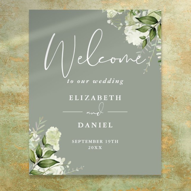 Póster Cartel de bienvenida de boda verde esmeralda con f (Greenery Floral Sage Green Wedding Welcome Sign)