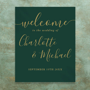 Póster Cartel de Bienvenida de Boda Verde Esmeralda y Dor