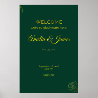 Póster Cartel de bienvenida de boda Verde Esmeralda y Hoj