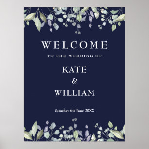 Póster Cartel de bienvenida de boda verde floral azul mar