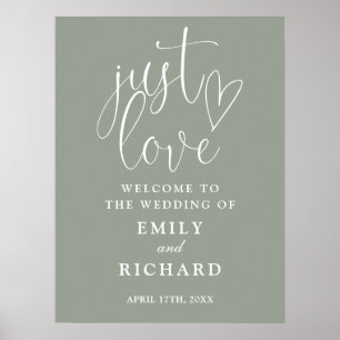 Póster Cartel de bienvenida de boda verde salvia con amor