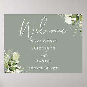 Póster Cartel de Bienvenida de Boda Verde Salvia Floral V