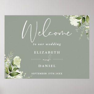 Póster Cartel de Bienvenida de Boda Verde Salvia Floral V