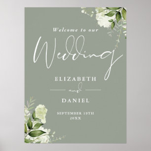 Póster Cartel de bienvenida de boda verde salvia floral v