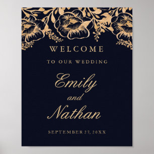 Póster Cartel de bienvenida de boda vintage dorado floral