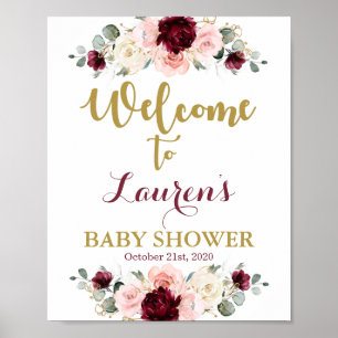 Póster Cartel de bienvenida de Borgoña y Rosa en Baby Sho