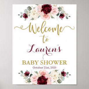 Póster Cartel de bienvenida de Borgoña y Rosa en Baby Sho