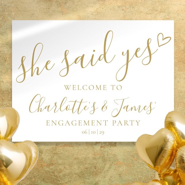 Póster Cartel de Bienvenida de Compromiso en Oro Ella Dij (She Said Yes Engagement Party Gold Welcome Sign)