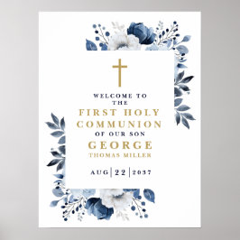 Póster Cartel de bienvenida de comunión floral boho azul 