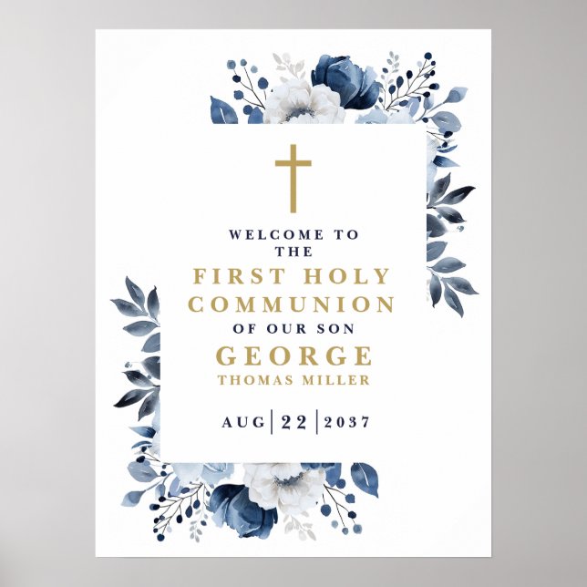 Póster Cartel de bienvenida de comunión floral boho azul  (Frente)