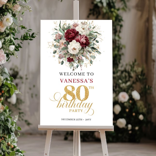 Póster Cartel de bienvenida de cumpleaños 80 Bohemian Mar (Bohemian Marsala Floral 80th Birthday Welcome Poster)