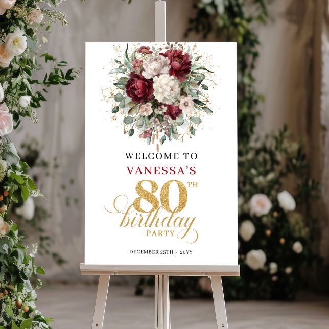 Póster Cartel de bienvenida de cumpleaños 80 Boho Borgoña (Boho Burgundy Greenery 80th Birthday Welcome Sign)