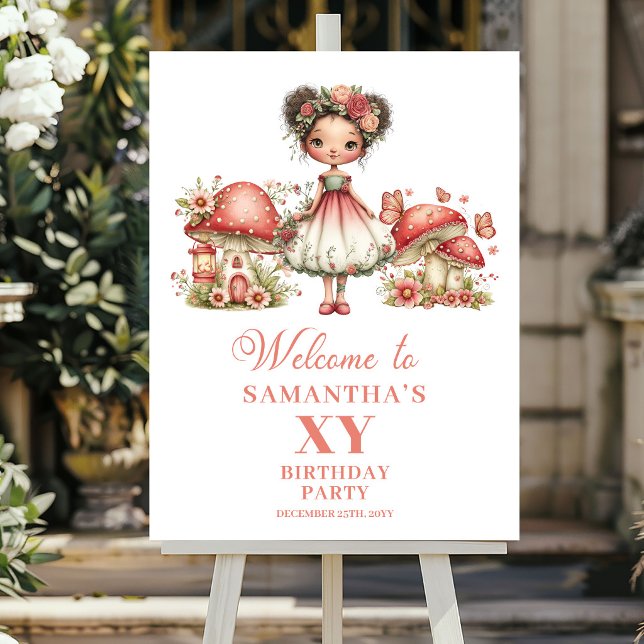 Póster Cartel de bienvenida de cumpleaños con flores de h (Dreamy Pink Fairy Floral Birthday Welcome Sign)