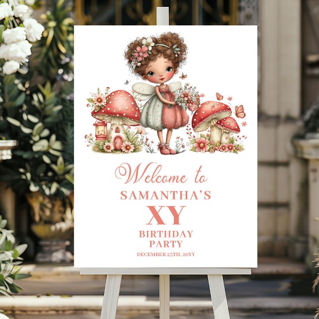 Póster Cartel de Bienvenida de Cumpleaños con Flores Rosa (Adorable Fairy Pink Flowers Birthday Welcome Poster)
