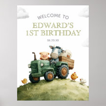 Cartel de bienvenida de cumpleaños con tractor y a