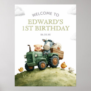 Póster Cartel de bienvenida de cumpleaños con tractor y a