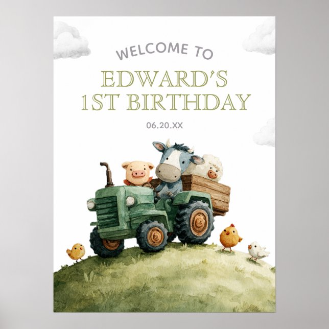 Póster Cartel de bienvenida de cumpleaños con tractor y a (Frente)