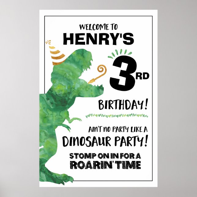 Póster Cartel de bienvenida de cumpleaños de dinosaurio (Frente)