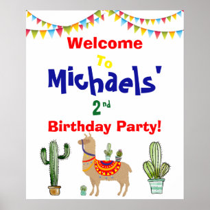 Póster cartel de bienvenida de cumpleaños de llama Cactus
