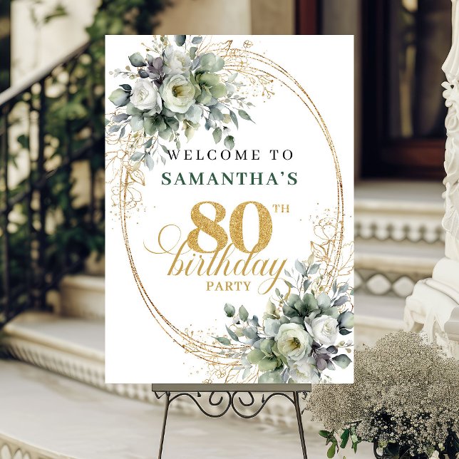 Póster Cartel de bienvenida de cumpleaños dorado Boho 80º (Boho 80th Greenery Gold Birthday Welcome Sign)