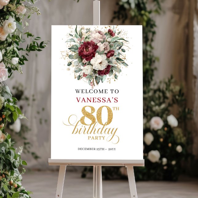 Póster Cartel de bienvenida de cumpleaños número 80 con f (Welcome guests in style with this elegant 80th Birthday Welcome Sign / Poster, featuring watercolor )