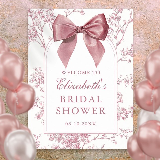 Póster Cartel de bienvenida de despedida de soltera con l (Vintage Pink Bow Bridal Shower Welcome Sign)